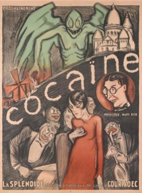 Propaganda poster; depicts black jazz musicians tempting a white woman, and the apparently perilous fate that would befall her if she accepted the drug.